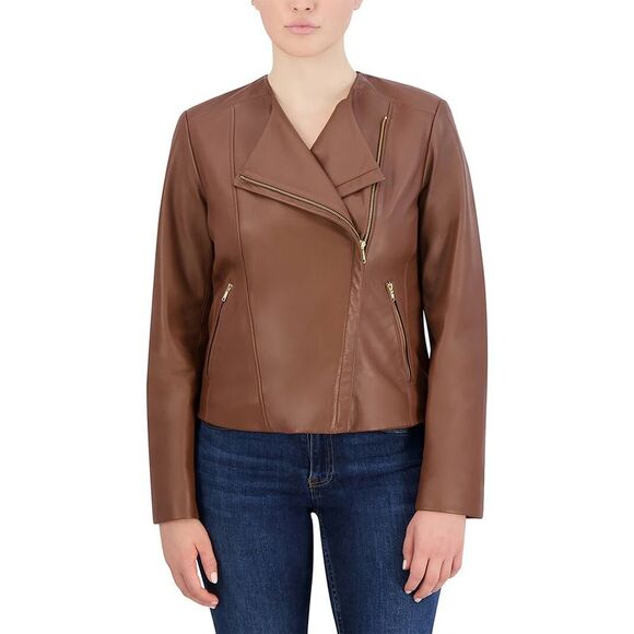 Cole Haan Womens Cole Hann Asymmetrical Leather Jacket, Brown